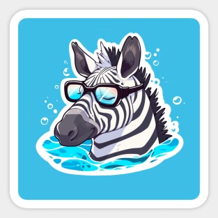 A zebra with glasses is resting in the water. Sticker